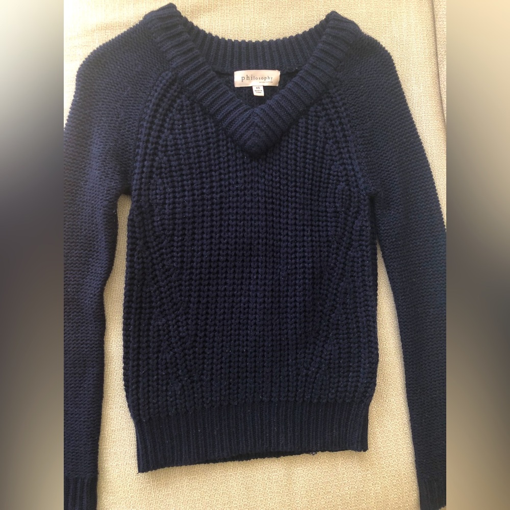 Philosophy V Neck sweater, Navy Blue, Size XS
